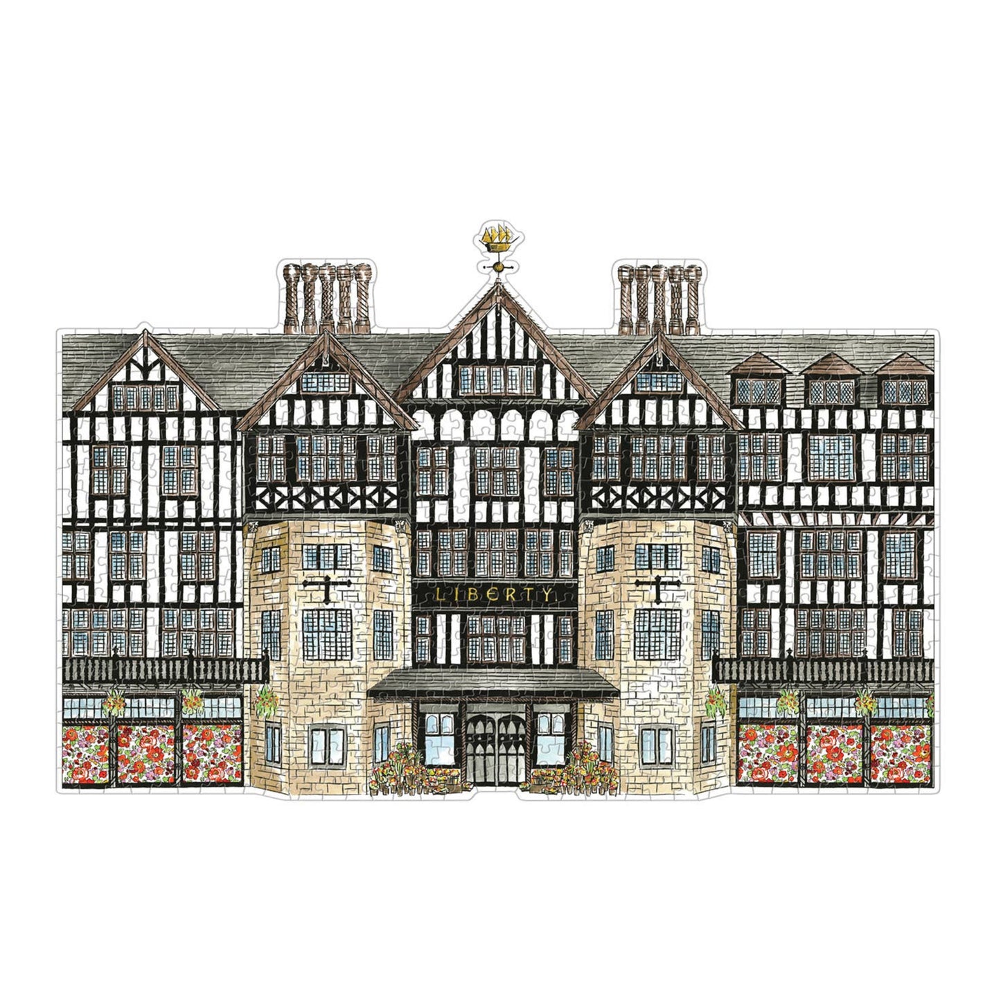 A square architectural illustration of a historic timber-framed building with stone lower sections, multiple chimneys, decorative windows, and a central sign reading LIBERTY, shown on a plain white background.