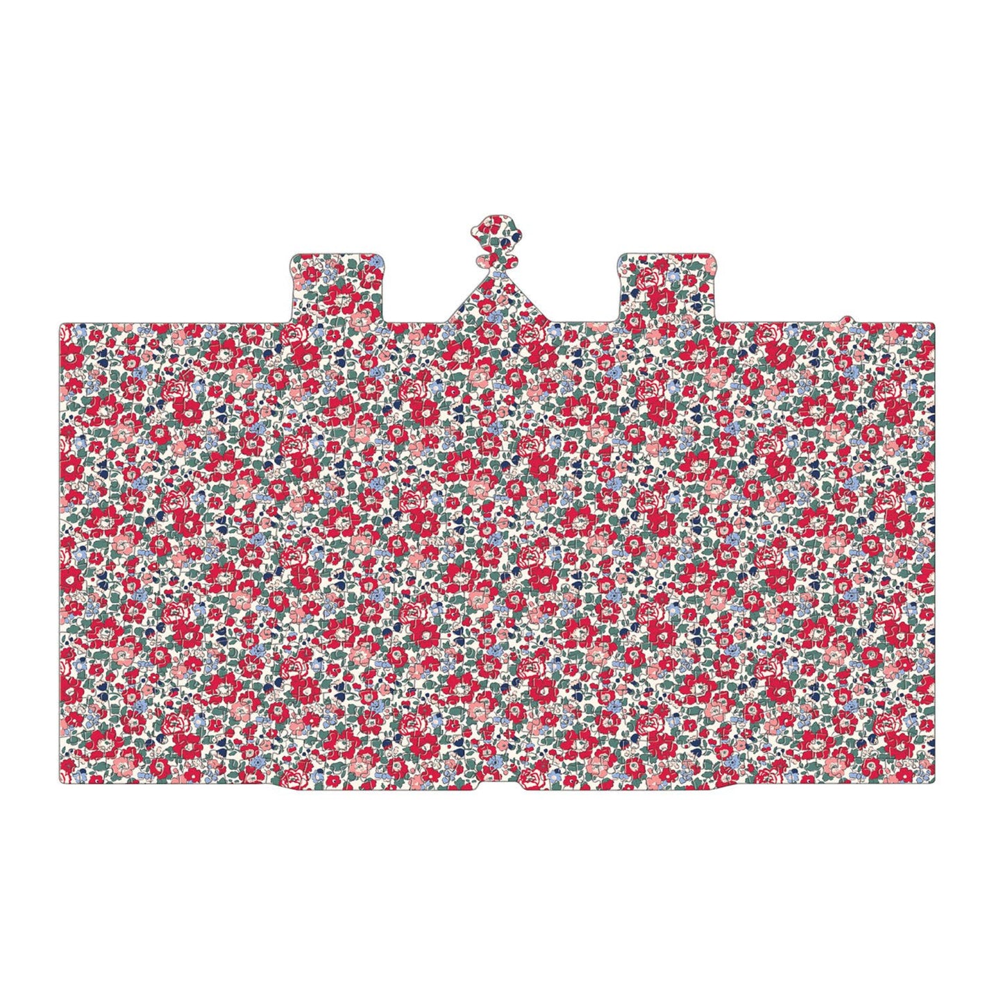Back of the Liberty Tudor puzzle with a dense, small-scale floral pattern in red, pink, blue, and white, on a plain white background.