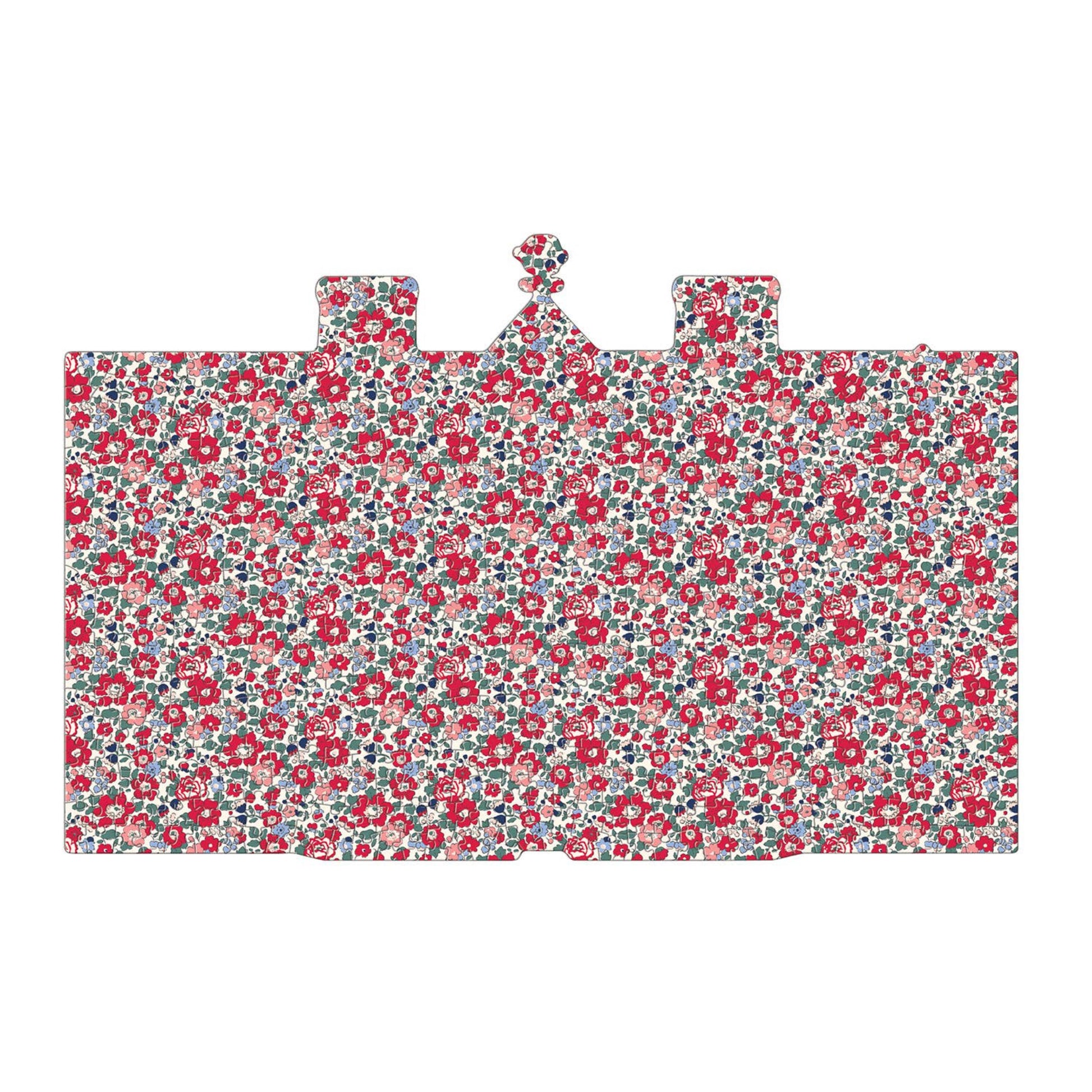 Back of the Liberty Tudor puzzle with a dense, small-scale floral pattern in red, pink, blue, and white, on a plain white background.