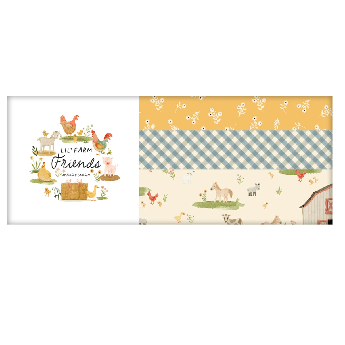 A set of three horizontal fabric or paper strips with a whimsical 'Lil' Farm Friends' design. The left strip features a white background with a colorful illustration of farm animals (a chicken, goat, pig, duck, and a barn) with the text 'Lil' Farm Friends by Molly Lynch.