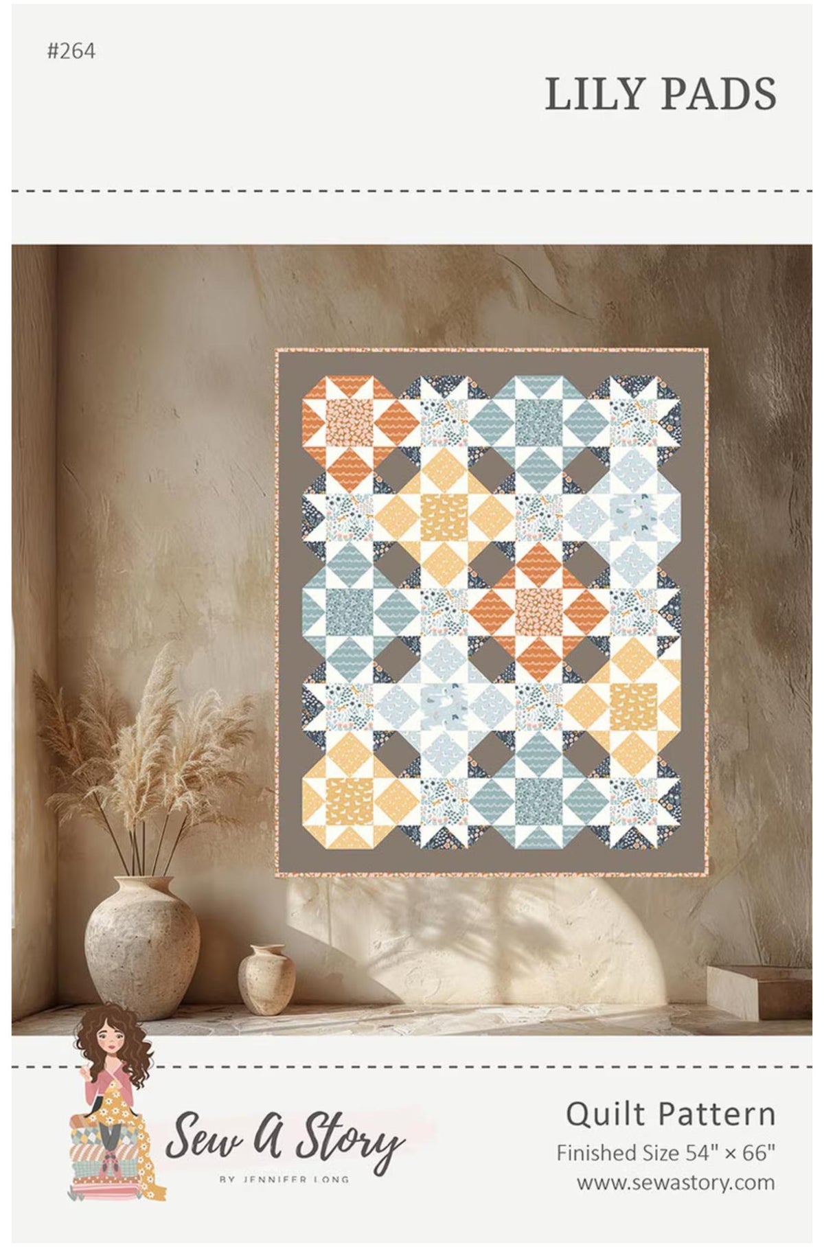 Sew A Story quilt pattern cover for 'Lily Pads' (#264), showing a finished quilt with a geometric patchwork design in orange, blue, gray, and cream, displayed on a shelf in a warm interior setting.
