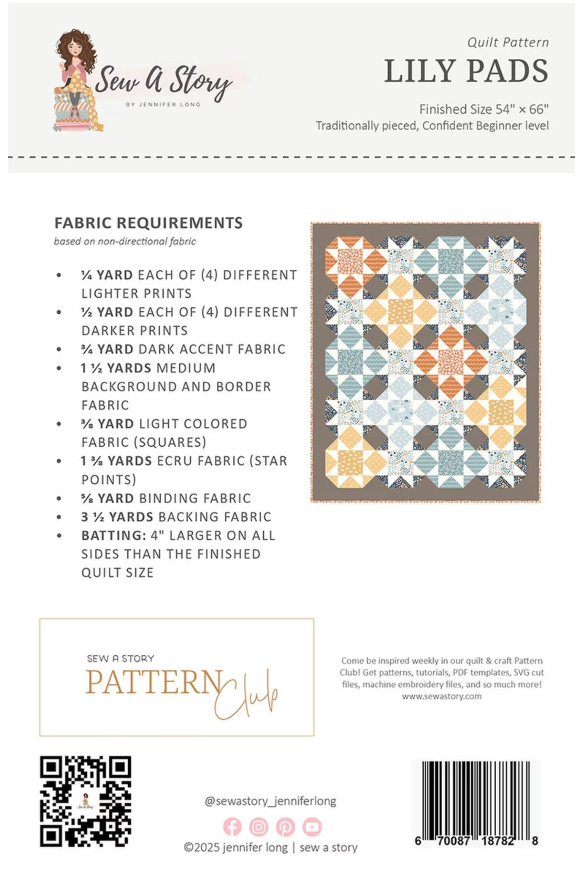 Back cover of a Sew A Story quilt pattern for Lily Pads, showing fabric requirements, a finished quilt sample, and a barcode on a white background.
