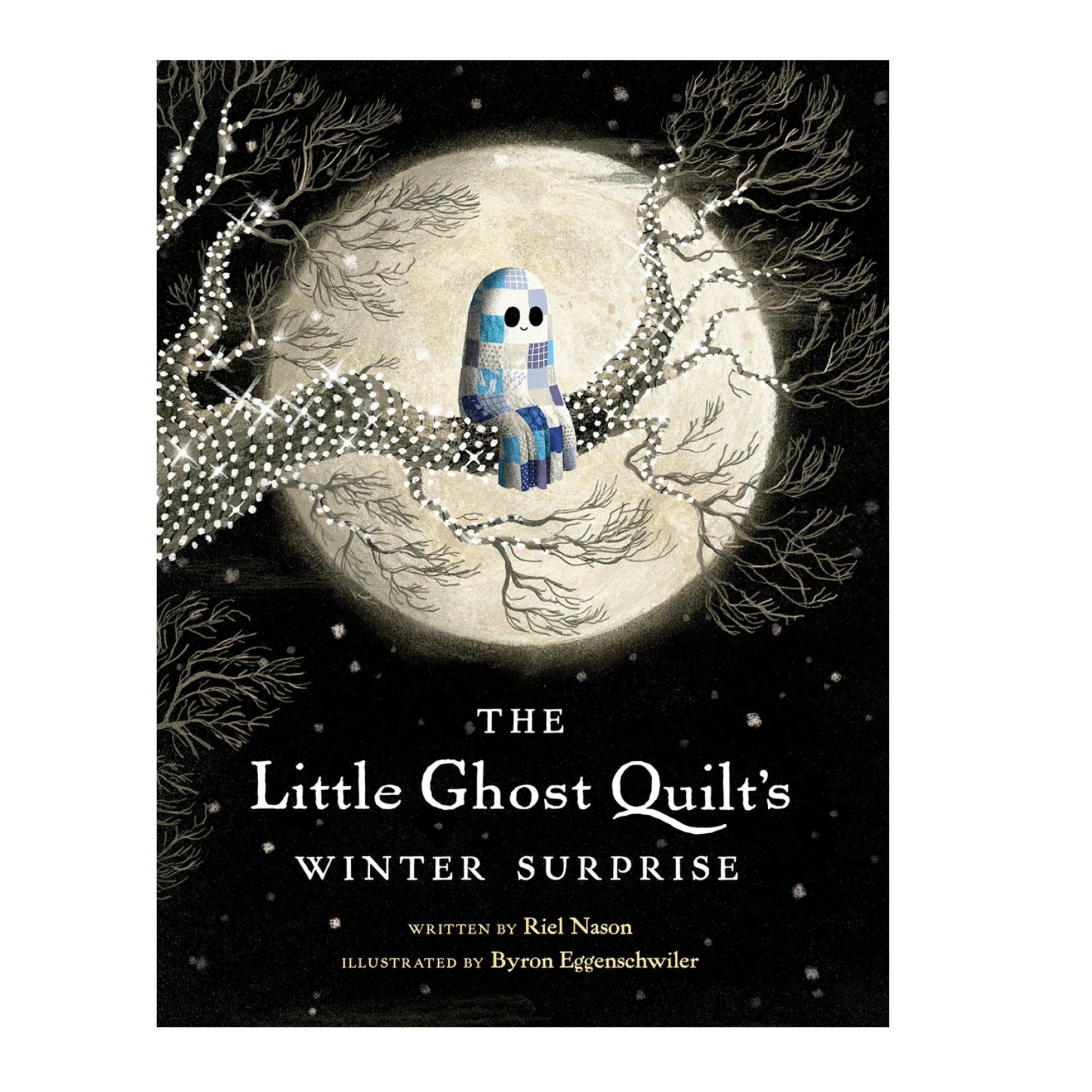Book cover of 'The Little Ghost Quilt's Winter Surprise' with a ghost character on a moonlit background.