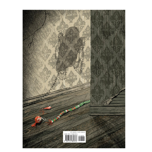 Illustration of a room with patterned wallpaper and a toy on the floor