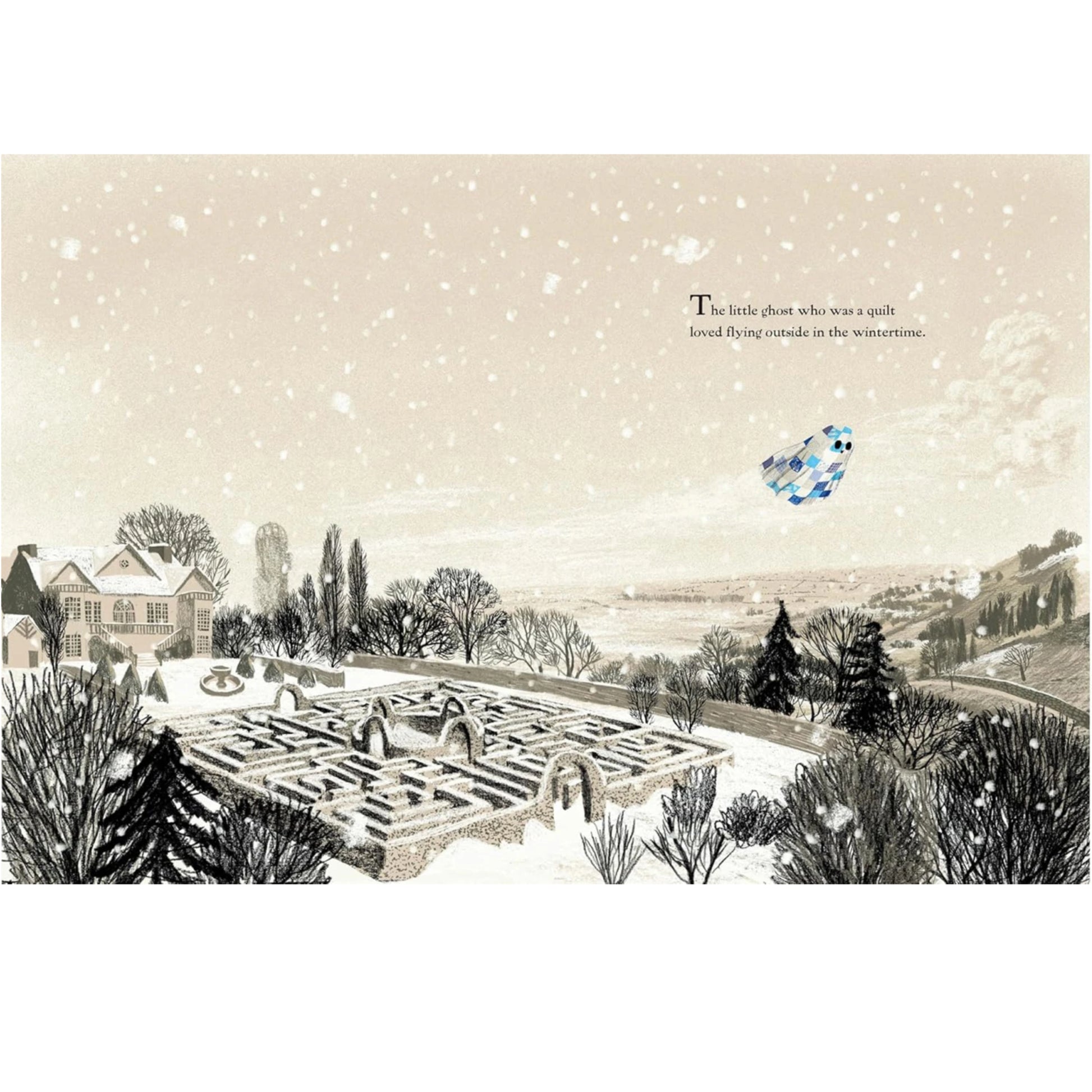 Illustration of a snowy landscape with a maze and a bird flying over, featuring text.