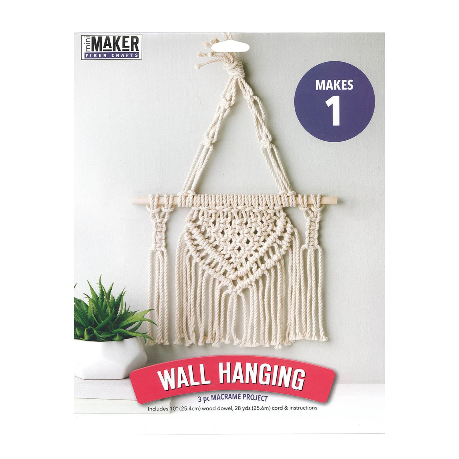 Macrame wall hanging kit packaging with text and product image on a white background