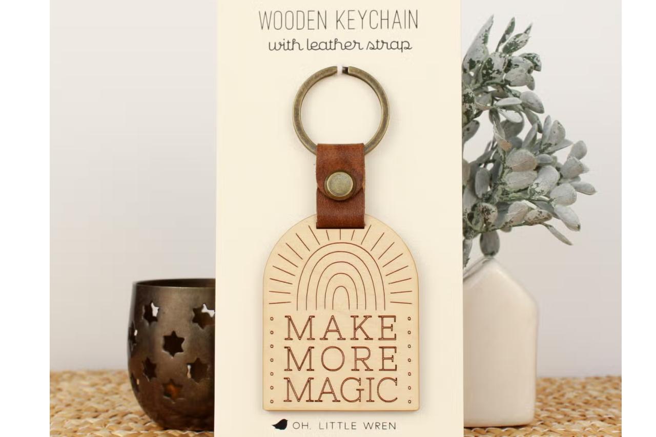 Wooden Key Chain, Make More Magic, in packaging by oh, little wren