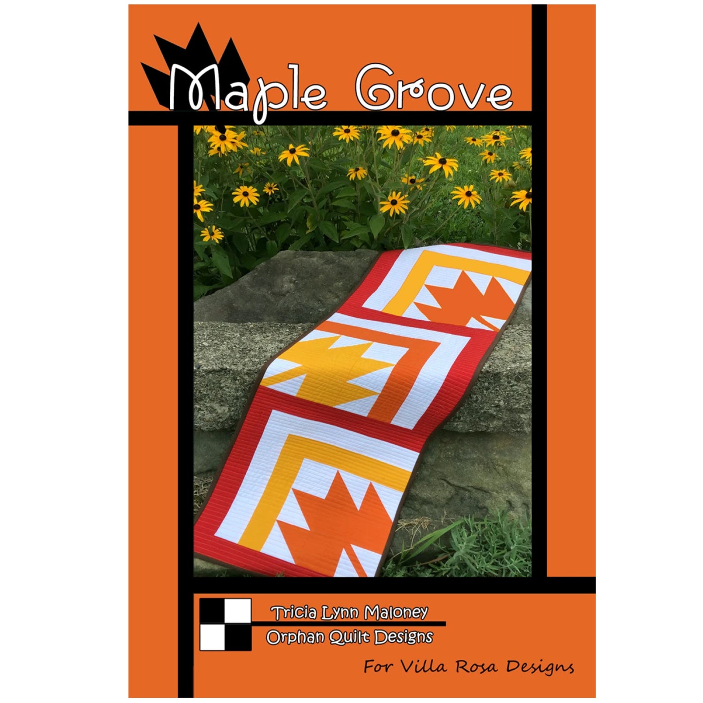 Quilt pattern cover with a colorful quilt on grass and flowers, featuring 'Maple Grove' by Villa Rosa Designs.