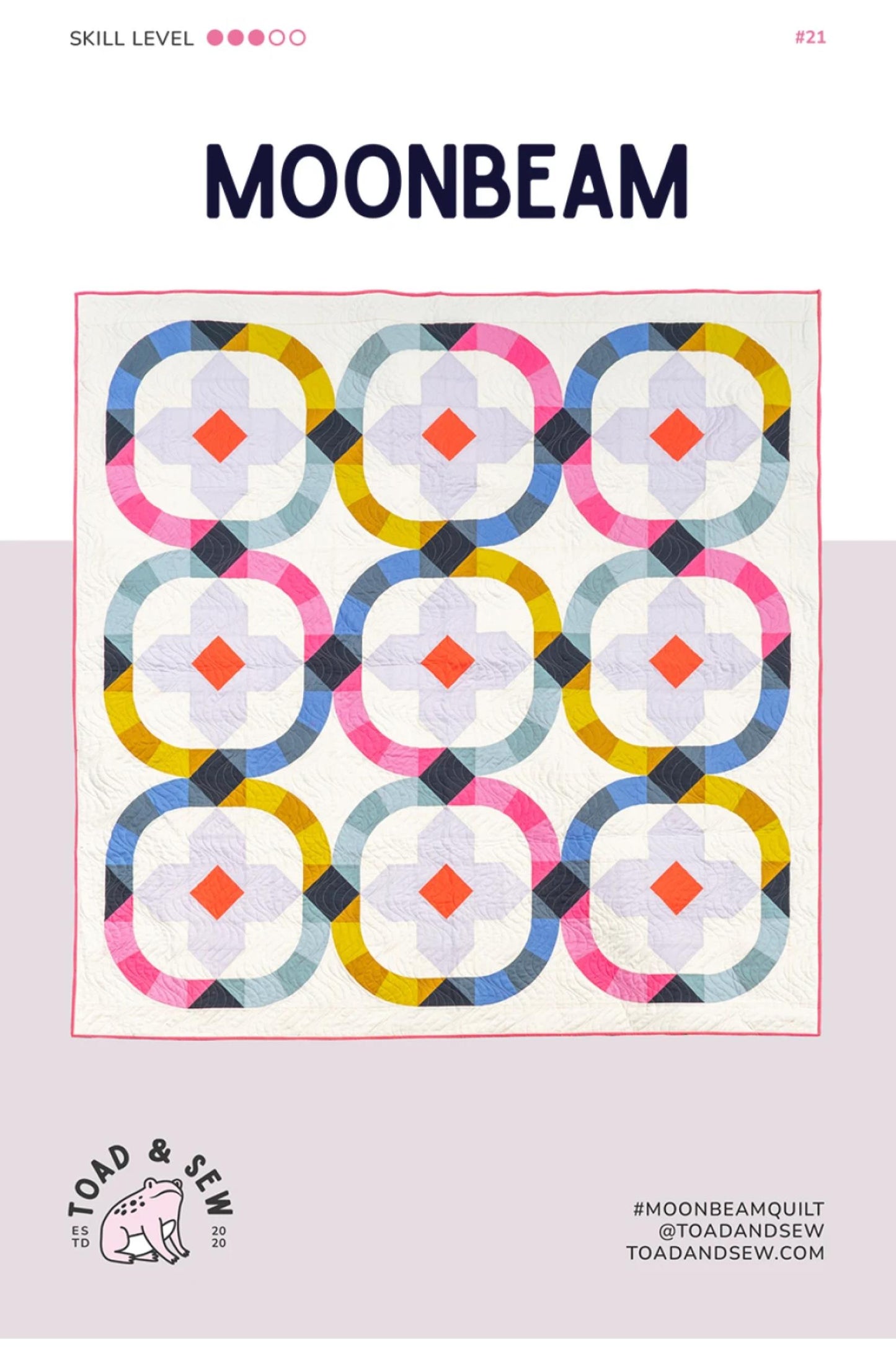 Quilt pattern cover titled 'Moonbeam' with colorful geometric design on a light pink background.