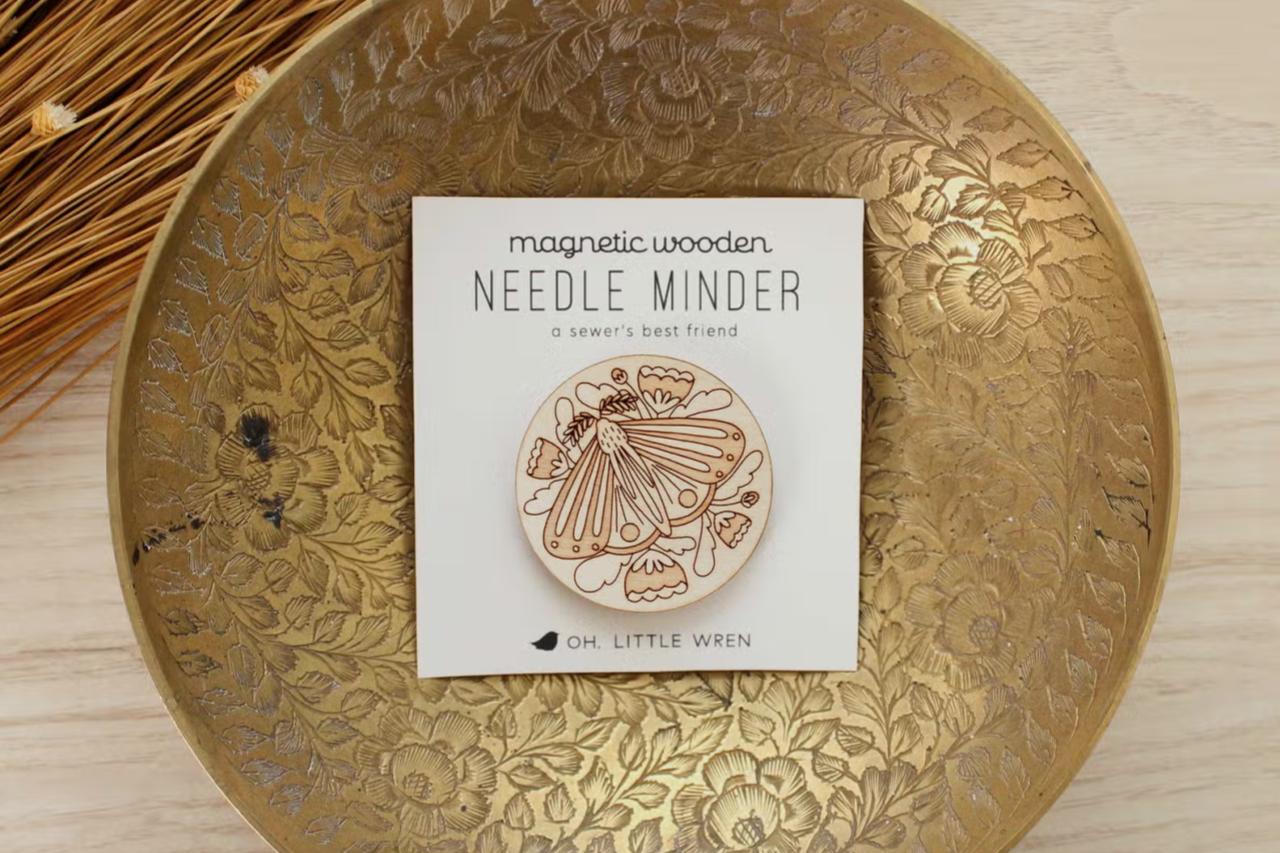 Moth engraved wood magnetic needle minder in packaging, by oh, little wren