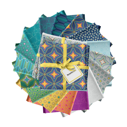 Collection of colorful fabric squares with a central star pattern and yellow ribbon, on a white background.