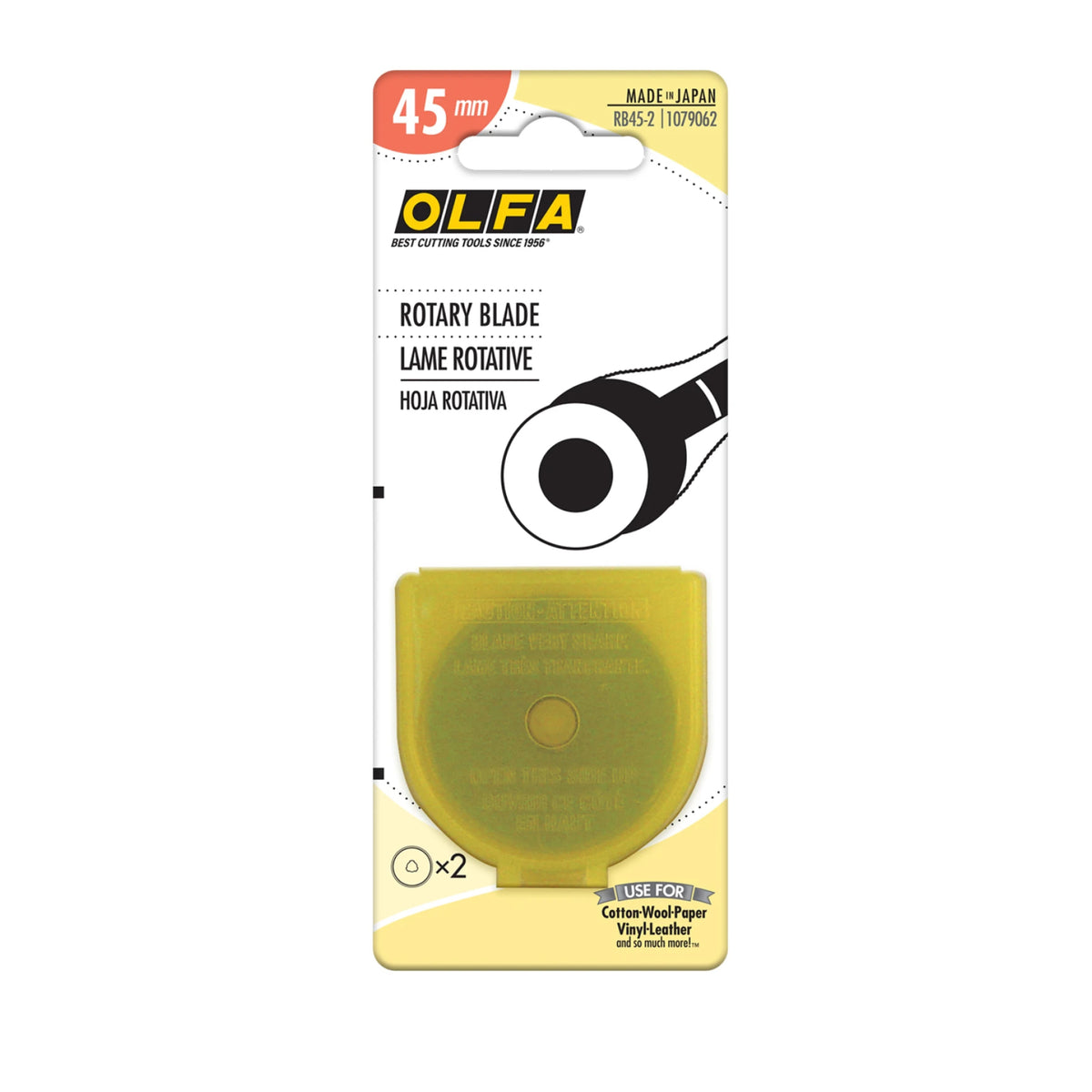 OLEA 45mm yellow rotary blade replacement vinelather, in its original retail blister packaging with a white and yellow backing card.