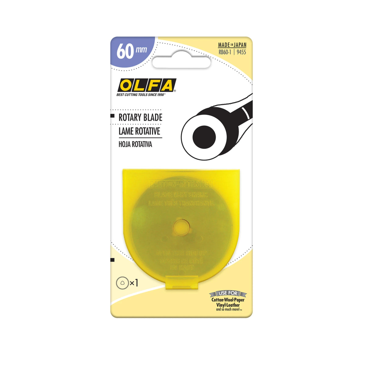 OLFA 60mm Rotary Blade (Lame Rotative) in its original retail blister packaging, featuring a bright yellow circular blade on a white and yellow backing card.