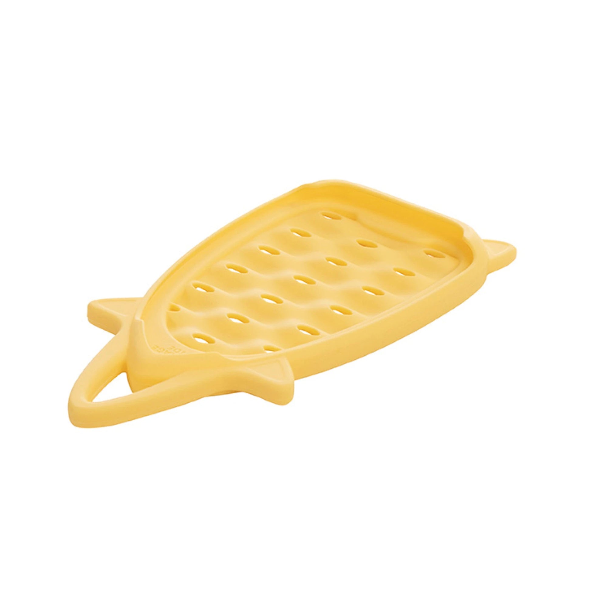 Yellow silicone baking tray with grid pattern on a white background