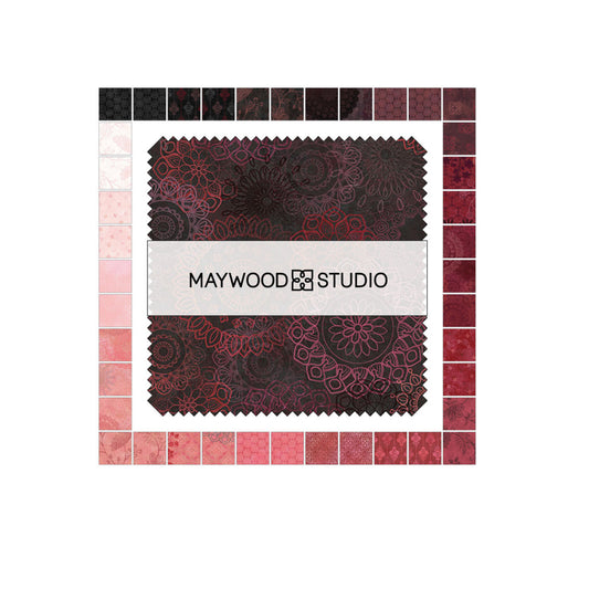 Maywood Studio fabric swatch with red and black pattern on a white background