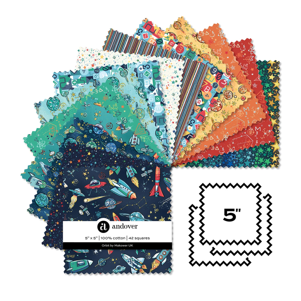 A 5x5" cotton fabric bundle set by andover, featuring 42 square-cut fabrics in various colorful space-themed patterns like rockets, planets, stars, and stripes. The fabrics are fanned out to show a variety of colors and patterns, with a black-and-white graphic indicating the 5" size.