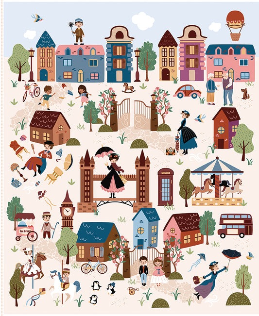 Illustrated scene with houses, people, and various elements on a light background