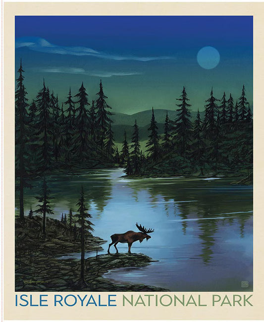Isle Royale National Park poster with a moose by a lake at night.