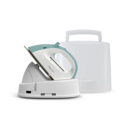 White and teal iron with a white carrying case on a white background