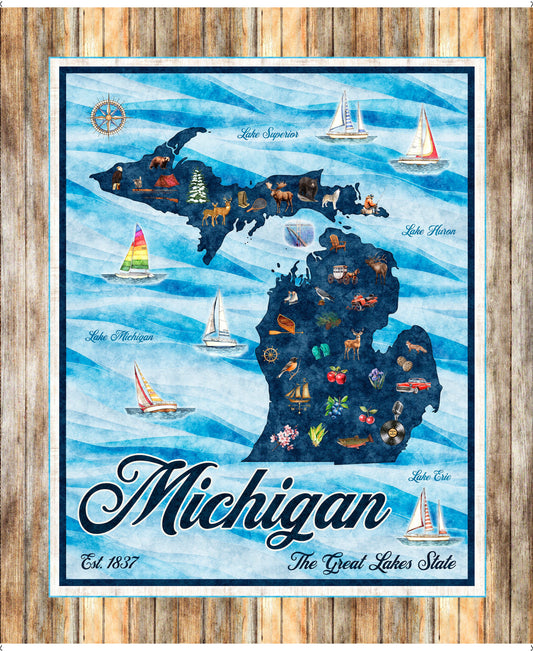 Map of Michigan with various icons on a wooden surface