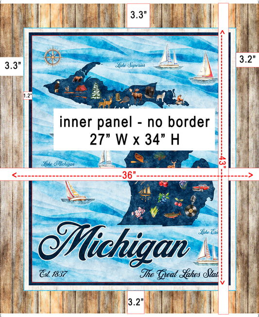 Map of Michigan with illustrations on a wooden background