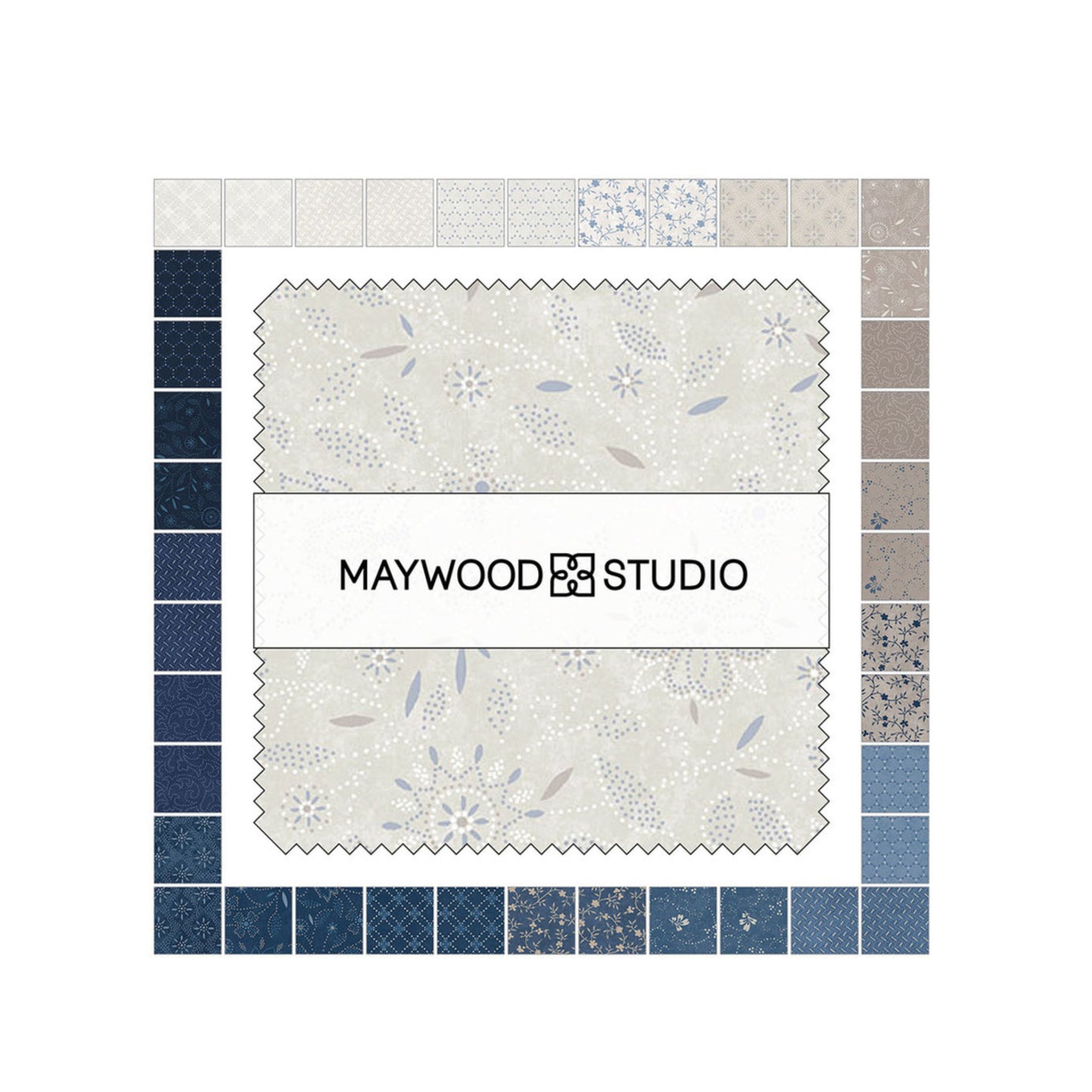 A fabric sample display from Maywood Studio featuring a central cream-colored fabric swatch with a floral lace-like pattern, surrounded by a border of various blue, beige, and gray patterned fabric swatches.