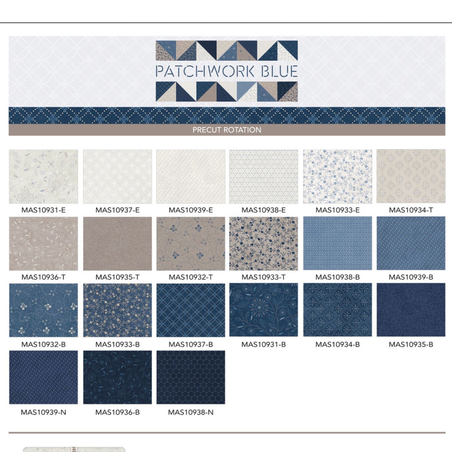 A fabric color and pattern swatch chart titled 'PATCHWORK BLUE' showing multiple precut fabric samples in various blue, navy, beige, and white patterns, with sample codes printed below each swatch.