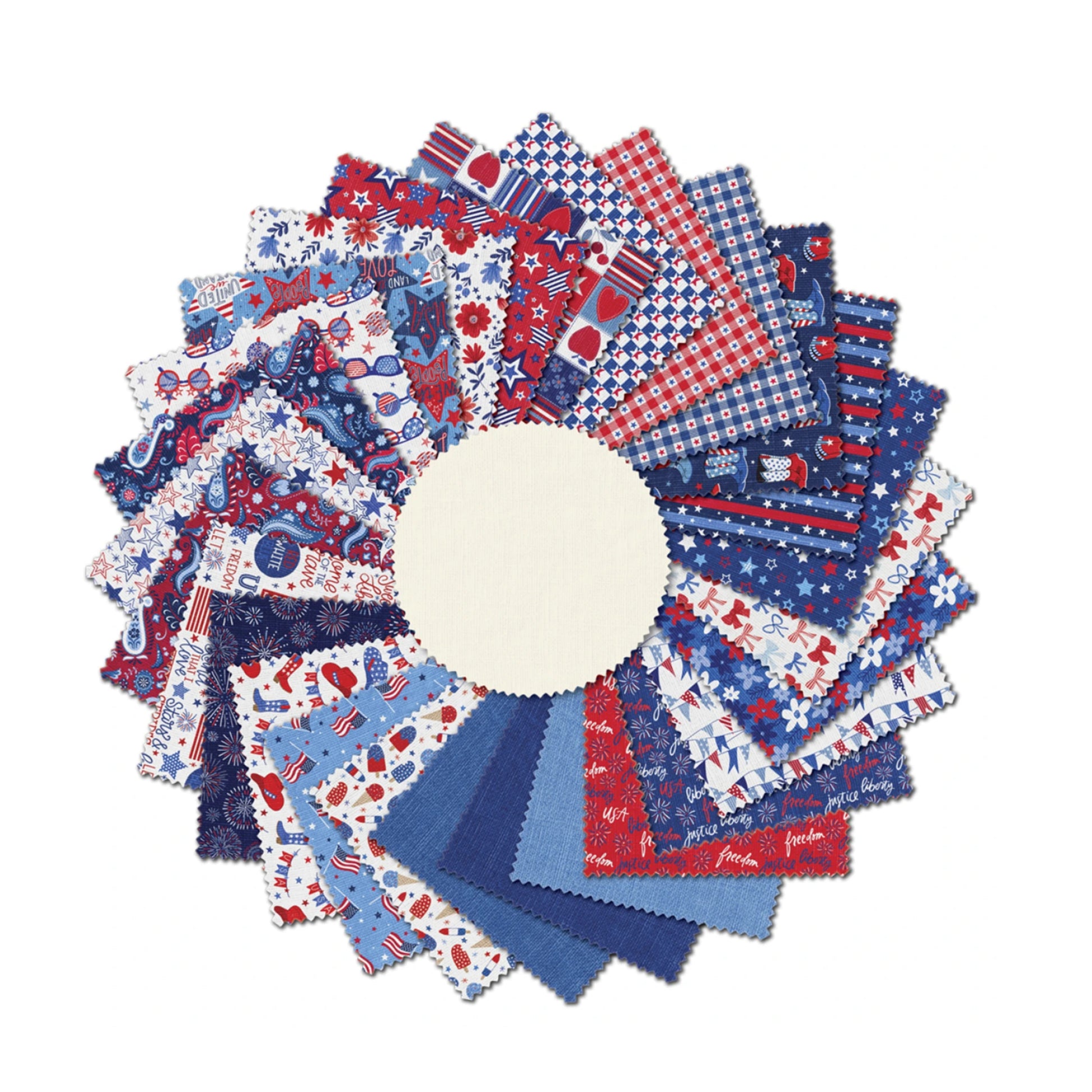 A circular arrangement of multiple fabric swatches in red, white, and blue patterns, with a large blank cream-colored circle in the center, shown on a plain white background.