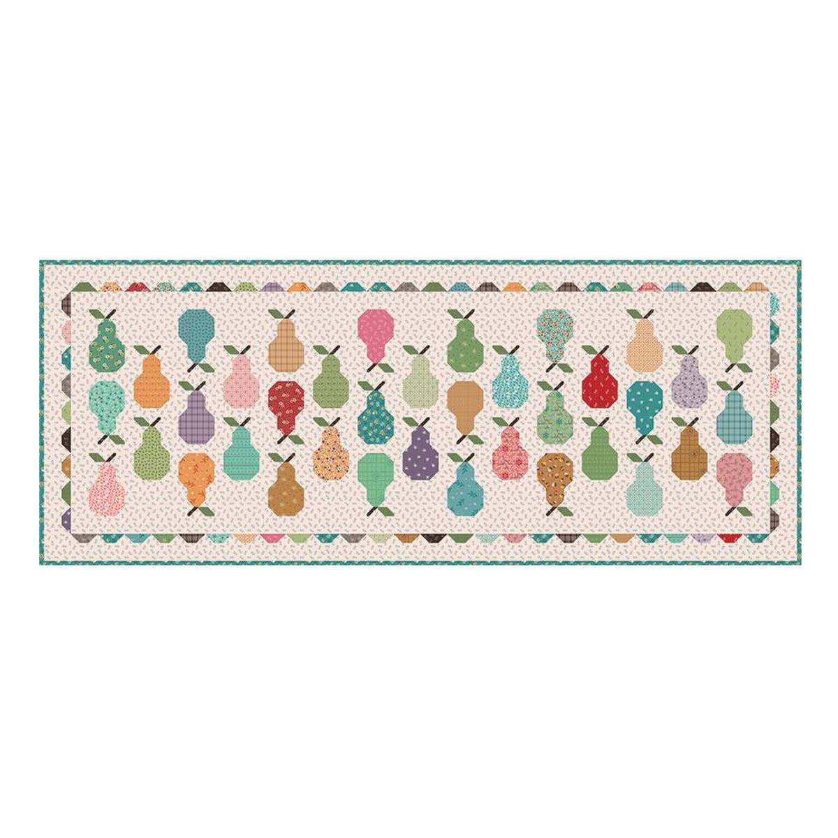 A rectangular quilted runner rug featuring a colorful pattern of pears in various shapes, colors, and textures on a cream background, bordered by a teal and brown scalloped edge.