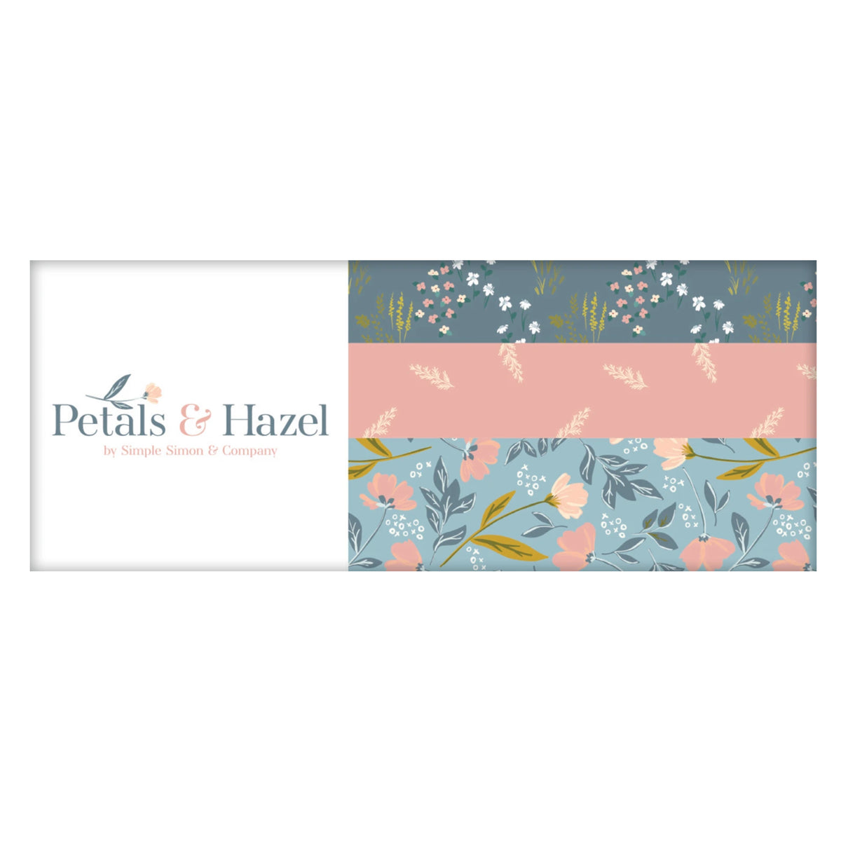 A horizontal banner for Petals & Hazel by Suzanne Staudt & Company, featuring three floral patterned fabric or wallpaper swatches in dusty blue, pink, and light blue with white flowers and green leaves.