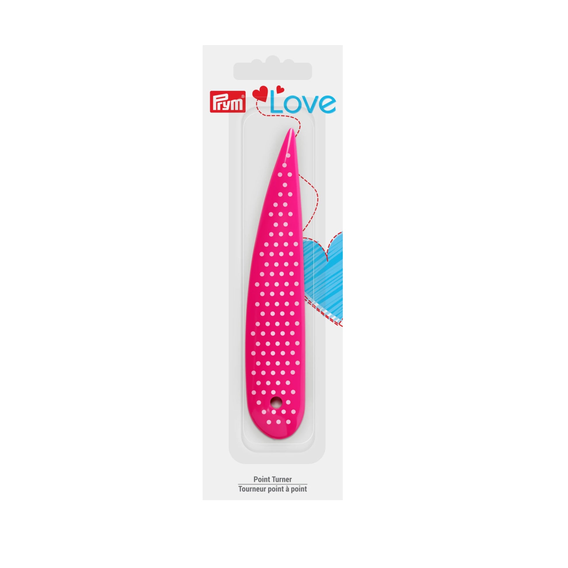 A pink point turner with white polka dots, packaged in a white cardboard sleeve with the brand name 'Pliim' and 'Love' printed on it.