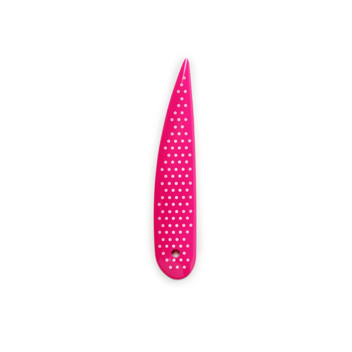 A bright pink, teardrop-shaped point turner with a white polka dot pattern, shown vertically on a plain white background.