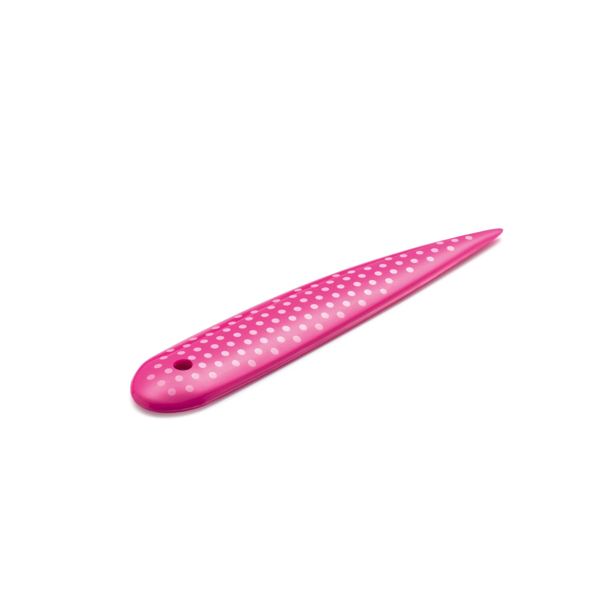 A bright pink point turner with a white polka dot pattern and a small hole in the tail, shown on a plain white background.
