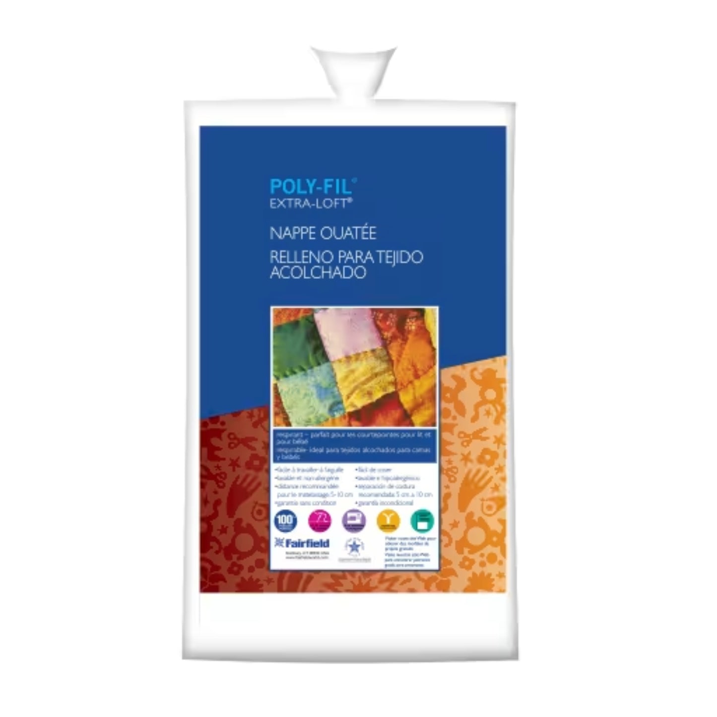 Poly-Fil Extra-Soft packaging with colorful quilted fabric sample on a white background