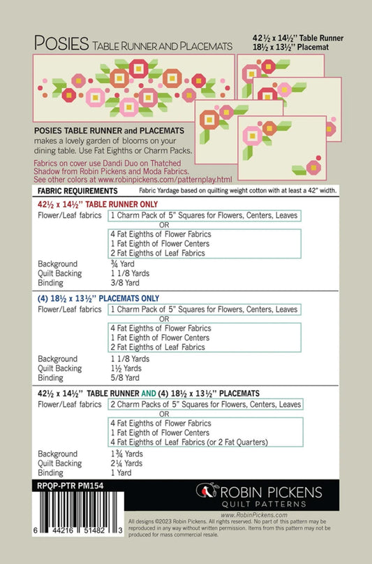 Back Cover of Posie Table Runner and Placemat Pattern