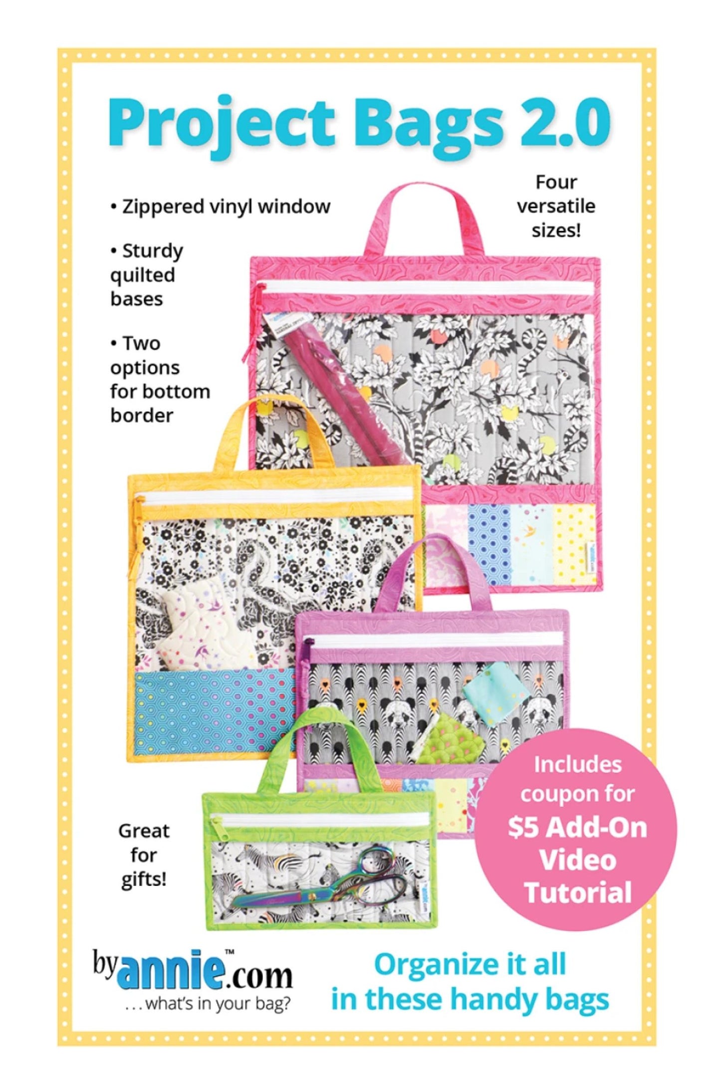 Pattern for 'Project Bags 2.0' by annie.com with colorful bags and product details.