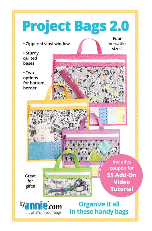 Pattern for 'Project Bags 2.0' by annie.com with colorful bags and product details.