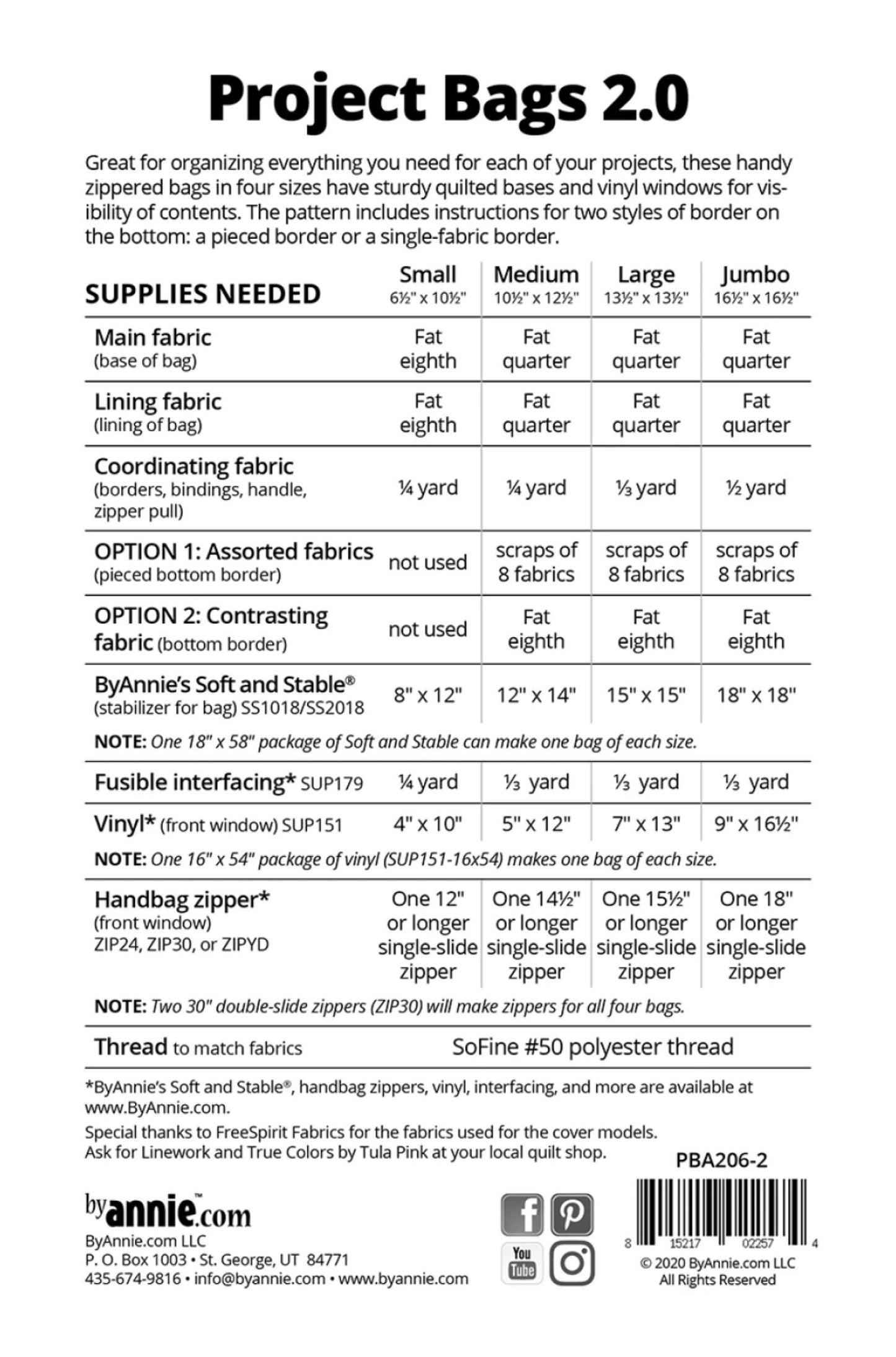 Instructions for Project Bags 2.0 with fabric requirements and measurements.