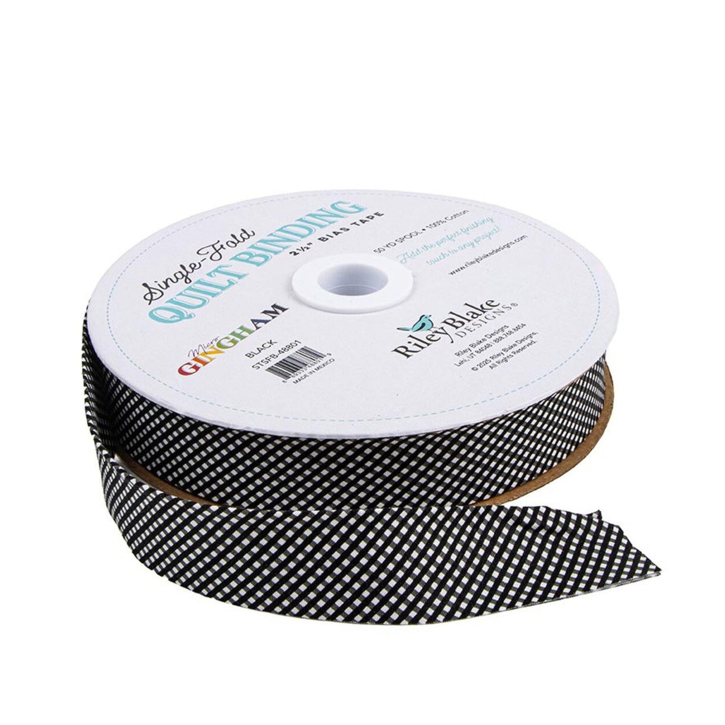 Single Fold 2 1/2 inch bias binding by the yard in black micro gingham
