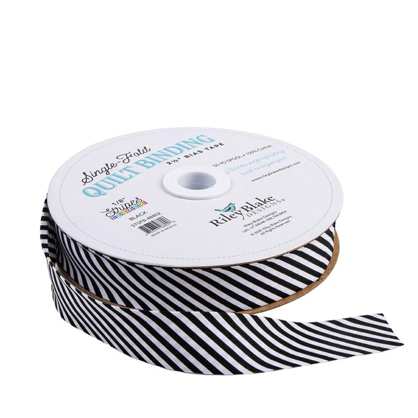 A spool of Riley Blake Single Fold Quilt Binding ribbon in a black and white diagonal stripe pattern, shown on a clean white background.