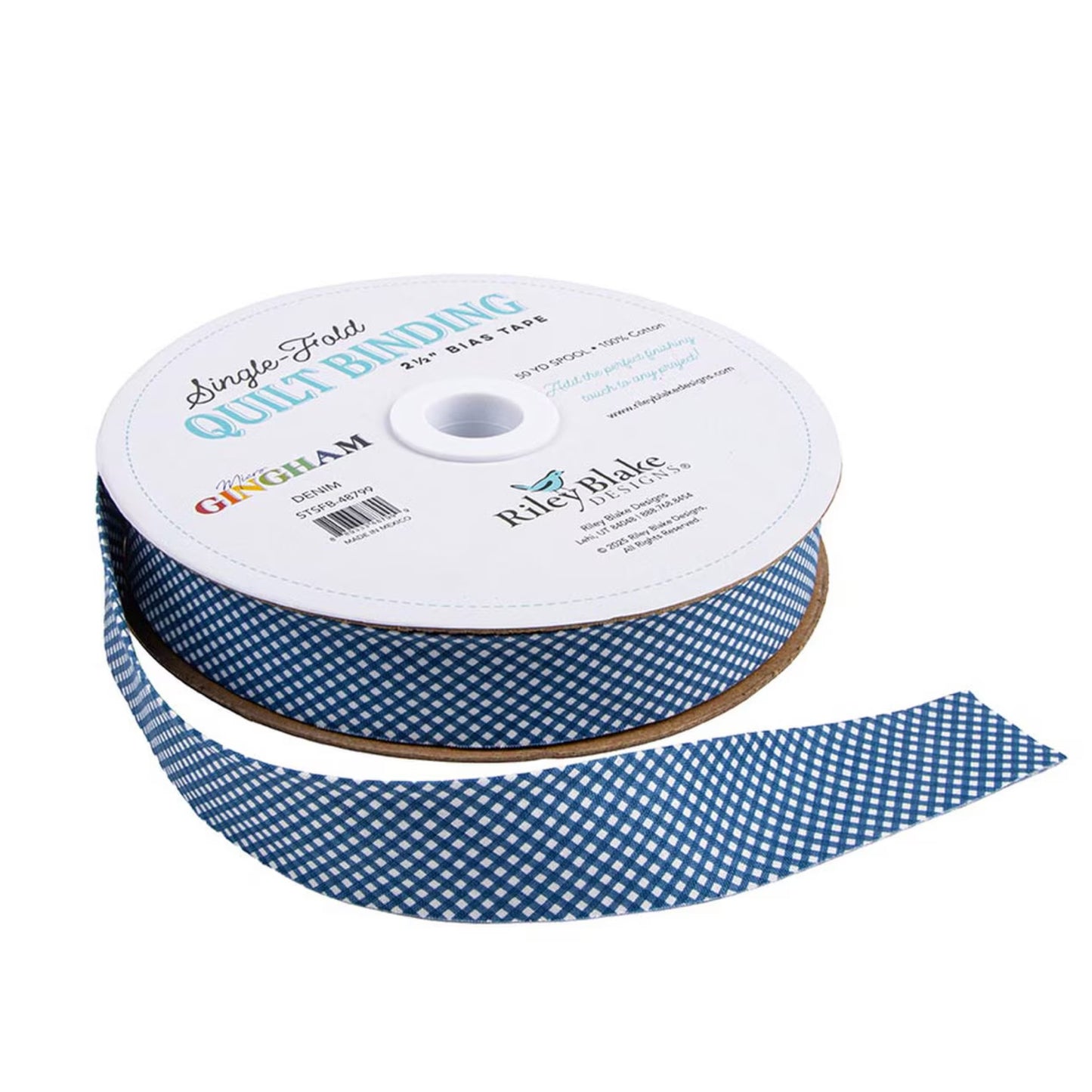 A spool of single fold quilt binding ribbon with a blue and white gingham pattern, shown on a white background with the ribbon unspooled.