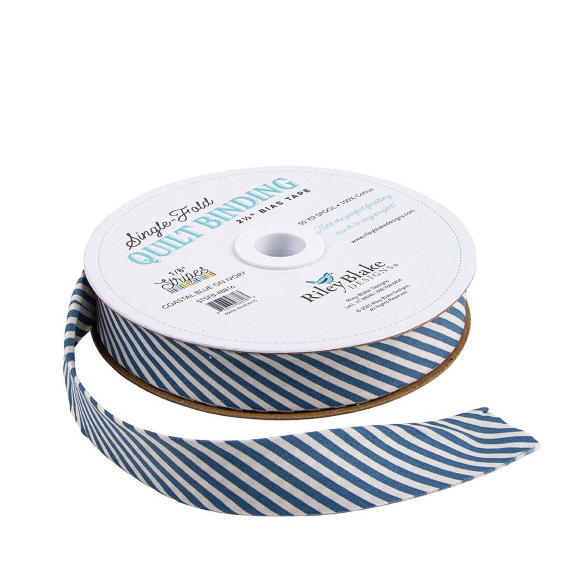 A spool of single fold quilt binding ribbon with a blue and white diagonal stripe pattern, shown on a clean white background.
