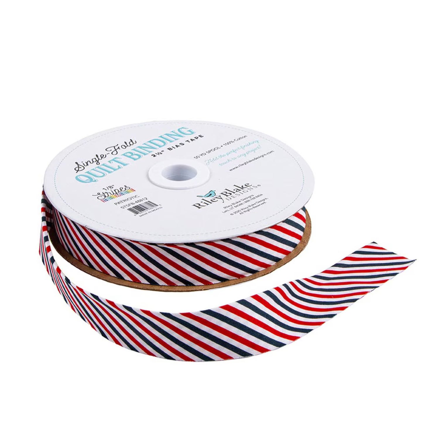 A spool of single fold quilt binding ribbon with a red, white, and navy blue striped pattern, shown on a clean white background.