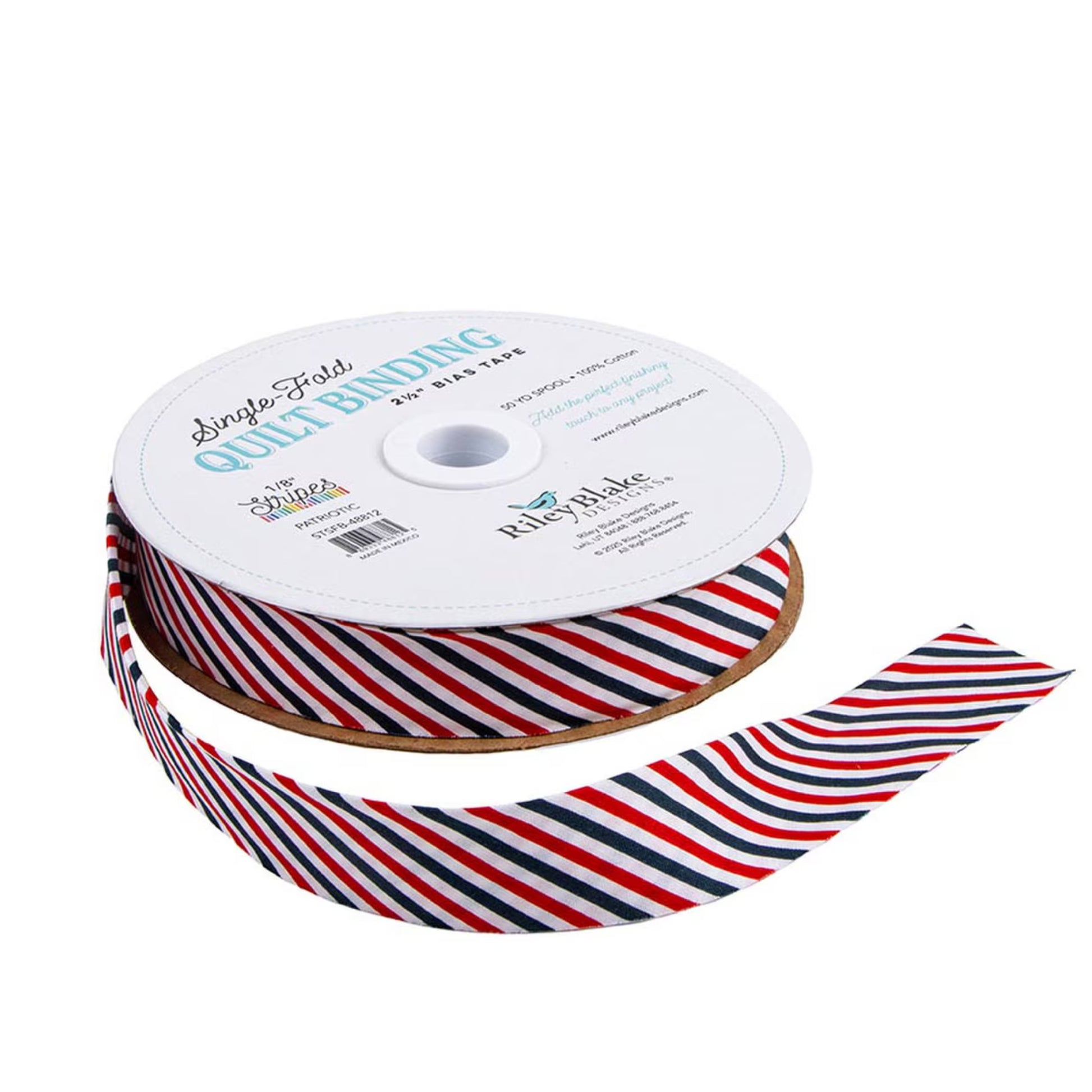 A spool of single fold quilt binding ribbon with a red, white, and navy blue striped pattern, shown on a clean white background.