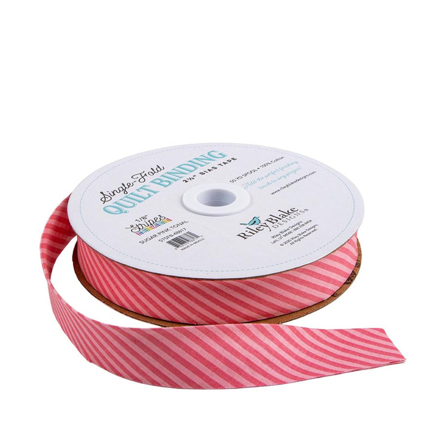 A spool of Quilt Binding ribbon with pink and white diagonal stripes, shown on a clean white background. The brand 'Riley Blake Designs' is visible on the label.