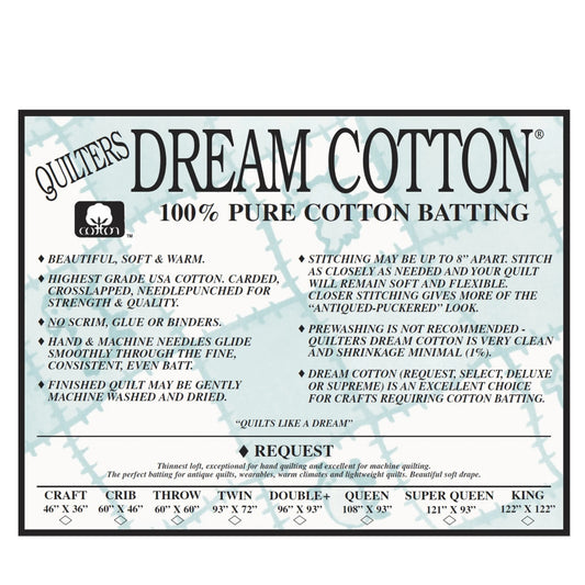 Quilters Dream Cotton batting label with product details on a white background