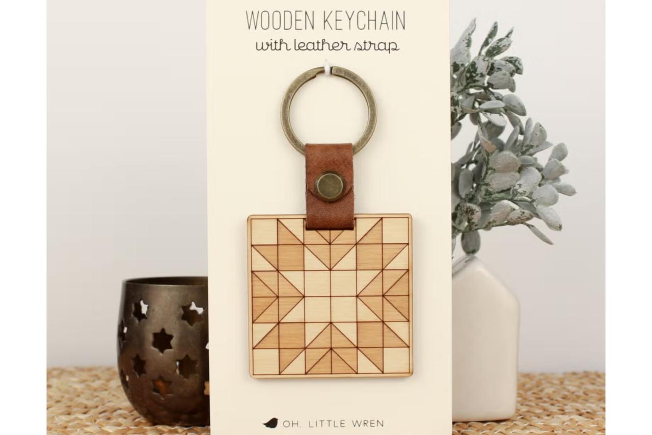 Wood Memory Quilt Block Keychain in packaging by oh, little wren