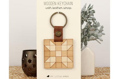 Oh, Little Wren wood engraved keychain with Five Patch Star Quilt Block Pattern in packaging