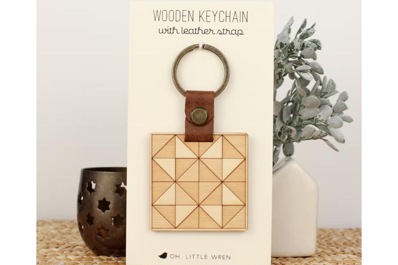 Engraved Wooden Key Chain, with Envelop Motif Quilt Block, in packaging by oh, little wren