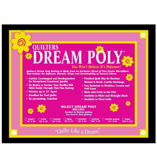 Quilters Dream Poly packaging with pink background and yellow flowers